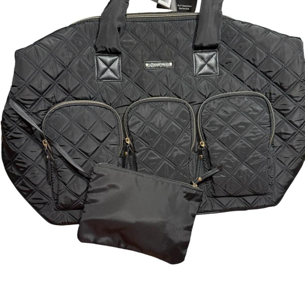 Joan and David black quilted nylon duffle bag with gold hardware